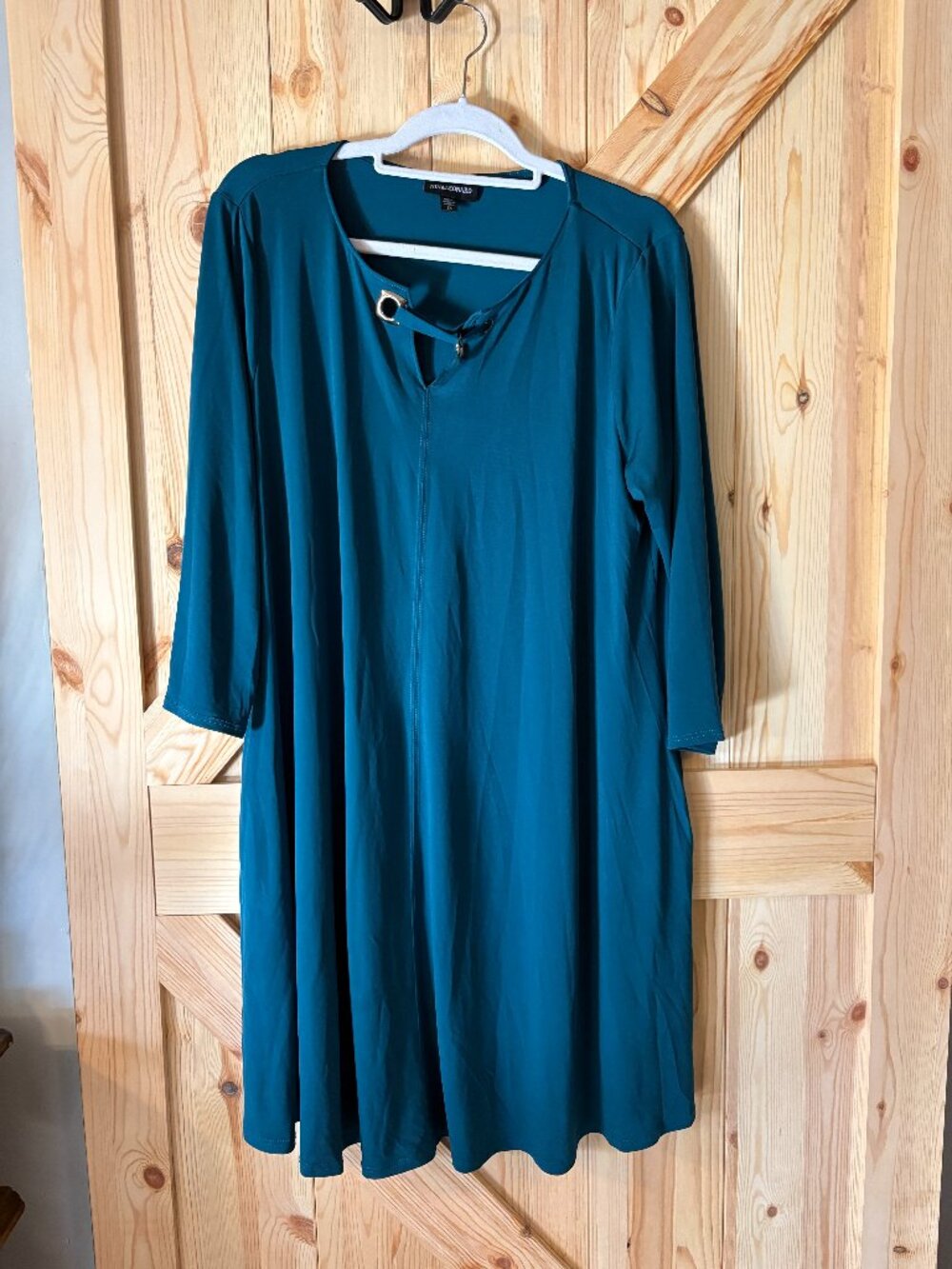 Nina Leonard Teal Swing Dress 1X Keyhole Neck 3/4 Sleeve Plus Size Flowy